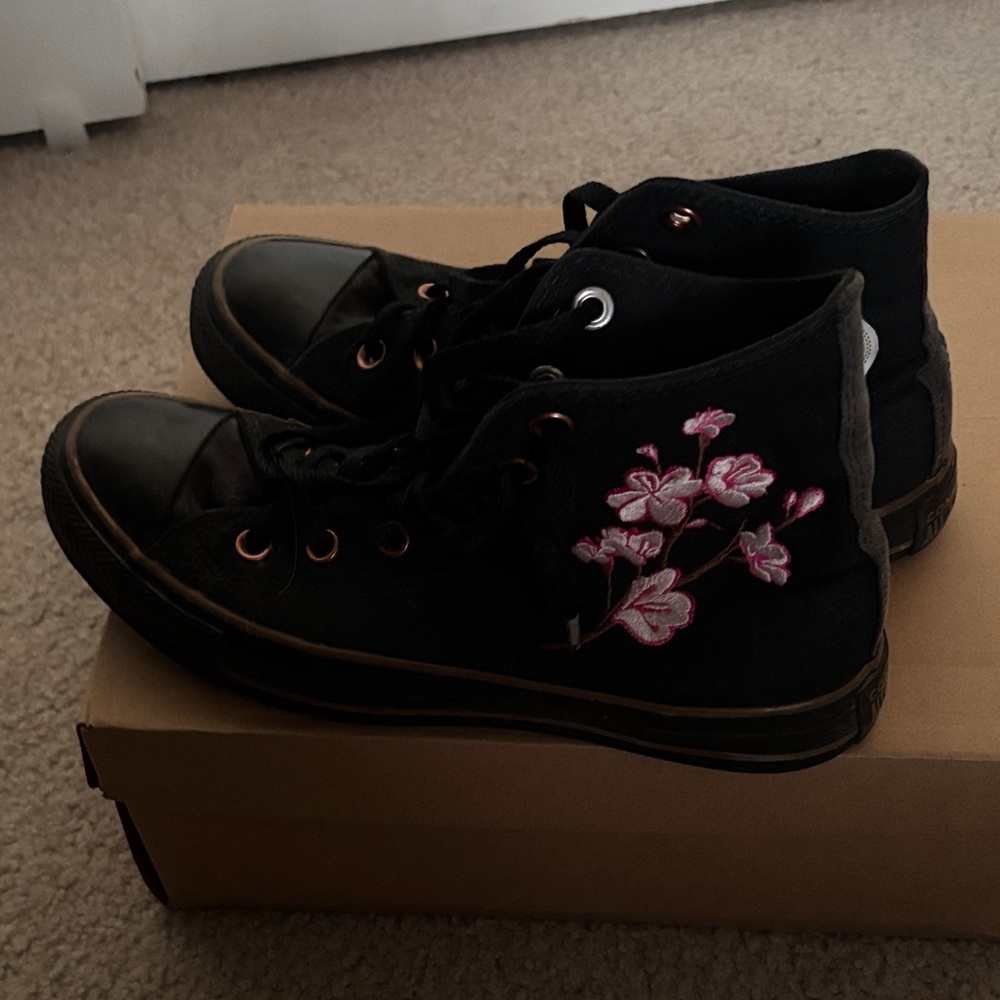 Converse Black High-Tops with Pink Floral Embroidery